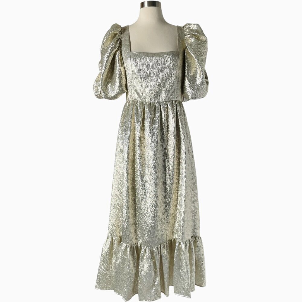 Loeffler Randall Elisa Puff Sleeve Gold Midi Evening Dress Size 4 - Picture 10 of 10